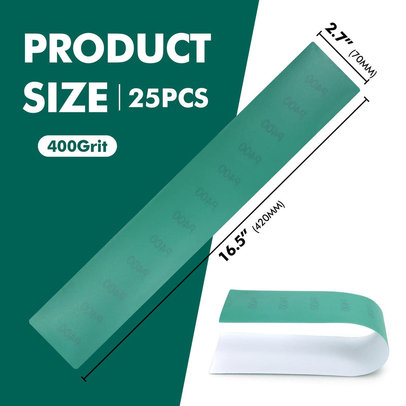 PSA Longboard Sandpaper,400 Grit,25 PCS Sanding Sheets,2-3/4" x 16-1/2" Self-Adhesive Stickyback Wet Dry Green Film Sandpaper