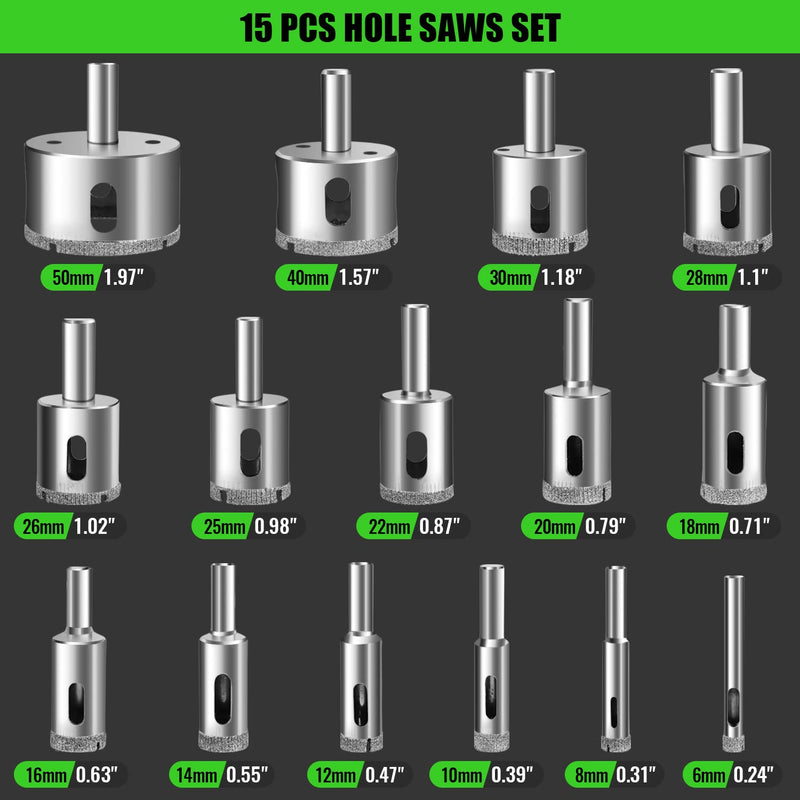 Diamond Hole Saw Kit 17PCS Tile Drill Bits Sets with Double Suction Cups Hole Saw Guide Jig Fixture