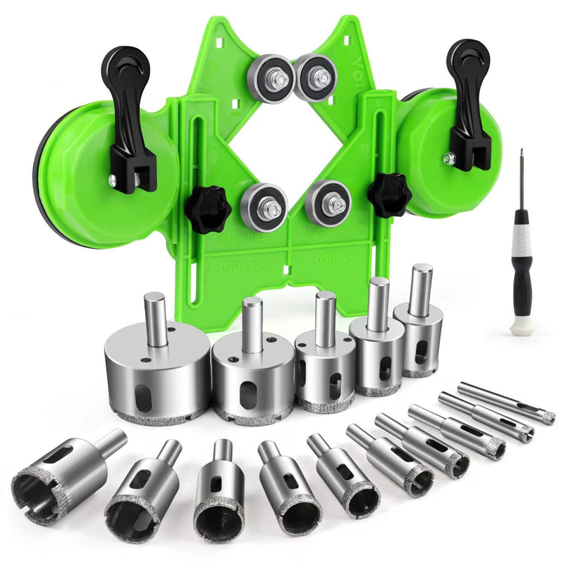 Diamond Hole Saw Kit 17PCS Tile Drill Bits Sets with Double Suction Cups Hole Saw Guide Jig Fixture