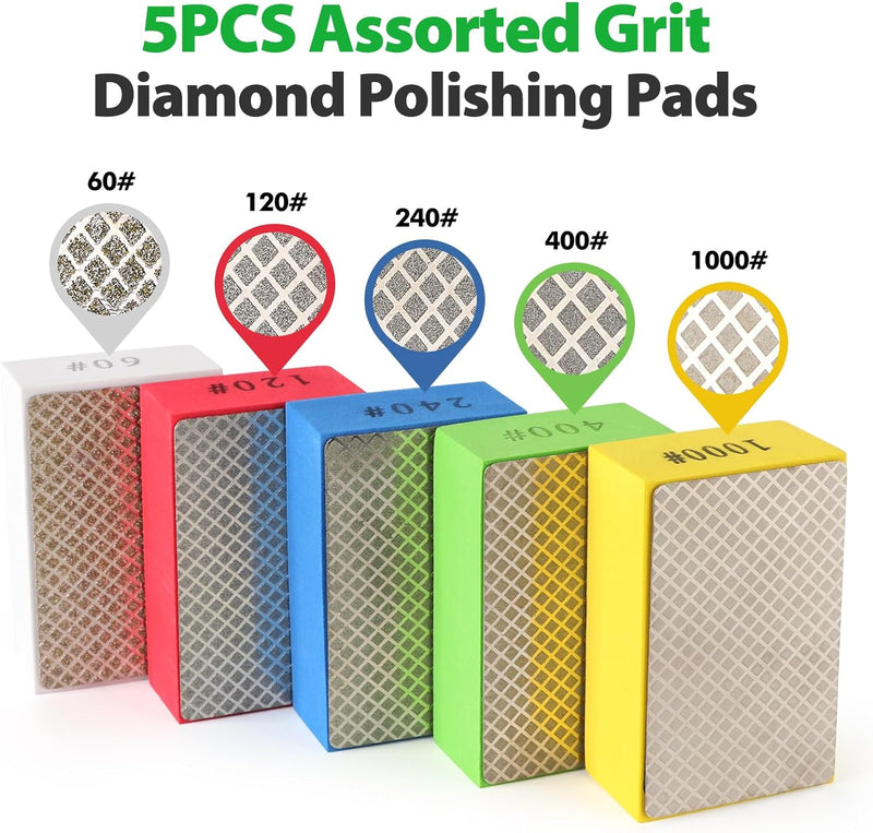 Diamond Hand Polishing Pads, Diamond Sanding Pads 60/120/240/400/1000 Grit Sanding Block Foam Backing