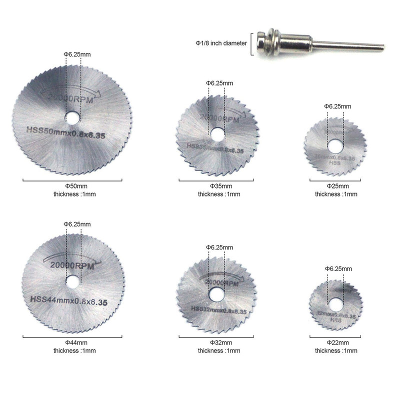 HSS(High Speed Steel) Mini Circular Saw Blades 1/8" (3.175mm) Shank Cutting Discs for Dremel Rotary Tools, 7pcs Set