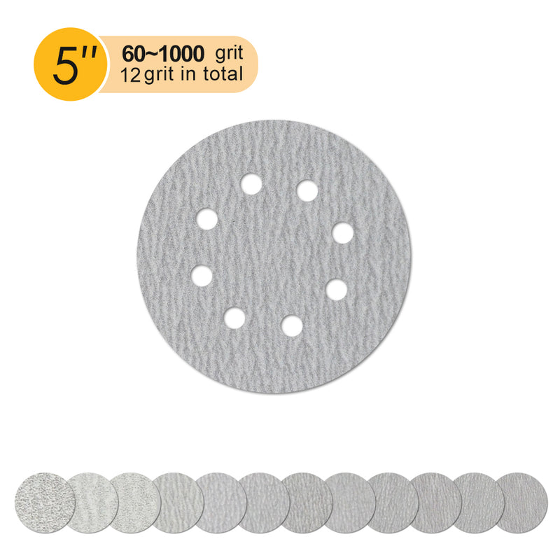 5" (125mm) 8-Hole White Dry Hook & Loop Sanding Discs (60-1000 Grit), 1 Disc