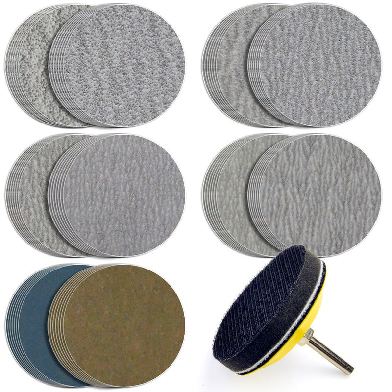 3" (75mm) Assorted Grits Sanding Discs with 6mm Shank Backing Pad + Foam Buffer Pad, 100 Discs