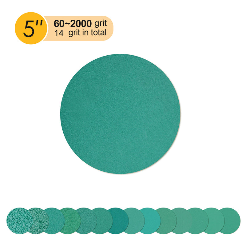 5" (125mm) Hook & Loop Wet/Dry Polyester Film Green Sanding Discs (60-2000 Grit), 1 Disc