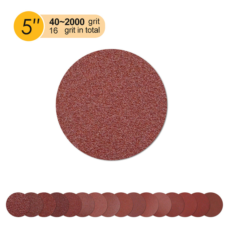 5" (125mm) Red Grain Hook & Loop Sanding Discs (40-2000 Grit), 1 Disc