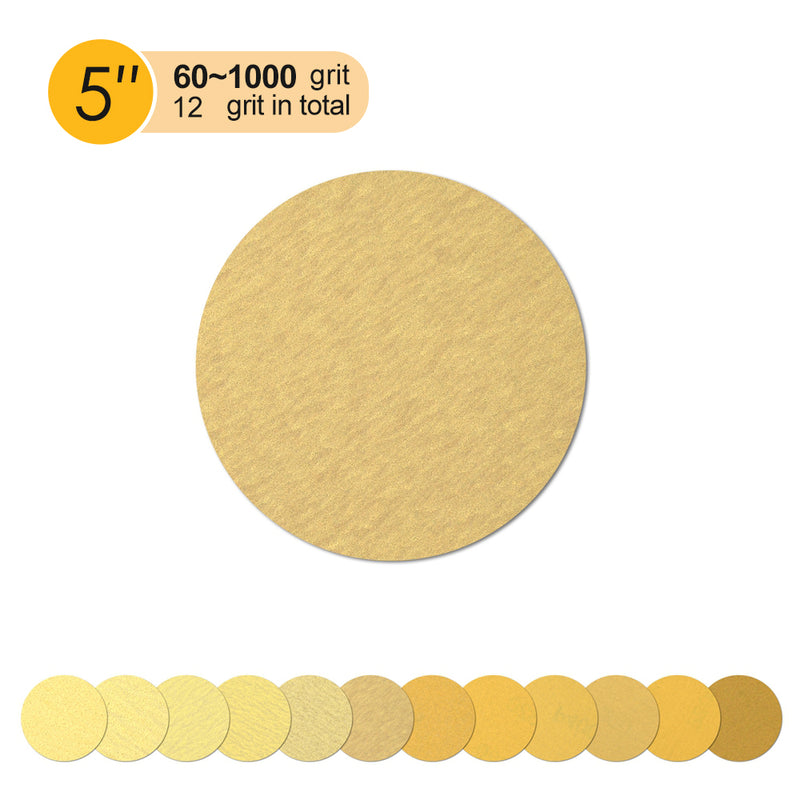 5" (125mm) Yellow Hook&Loop Sanding Discs for Dry Sanding (60-1000 Grit), 1 Disc