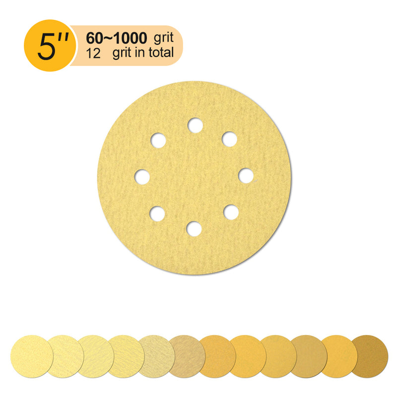 5" (125mm) 8-Hole Yellow Hook&Loop Sanding Discs for Dry Sanding (60-1000Grit), 1 Disc