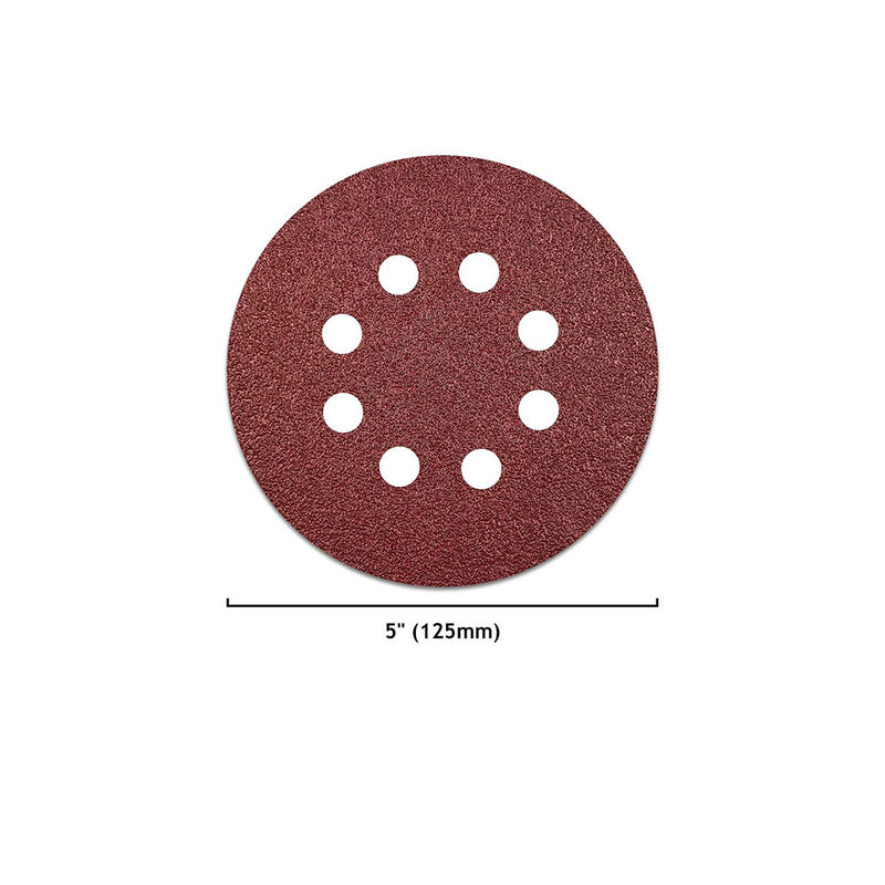 5" (125mm) 8-Hole Assorted Grits Red Grain Hook & Loop Sanding Discs, 50 Discs
