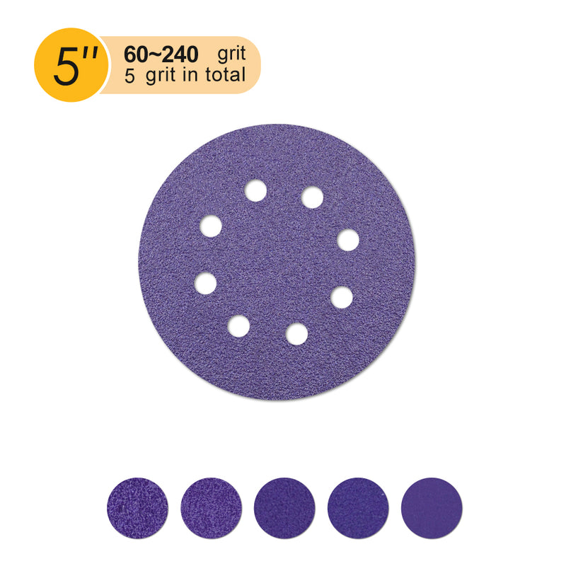 5" (125mm) 8-Hole Hook & Loop Wet/Dry Polyester Film Purple Sanding Discs (60-240 Grit), 1 Disc