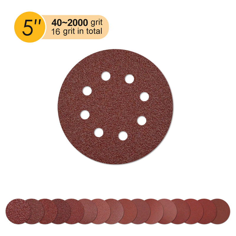 5" (125mm) 8-Hole Red Grain Hook & Loop Sanding Discs (40-2000 Grit), 1 Disc